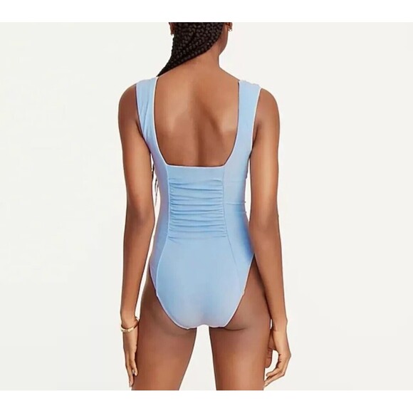 J Crew One Piece Swimsuit Womens Plus Size 24 Light Blue Square Neck Ruched Tank - Picture 3 of 8